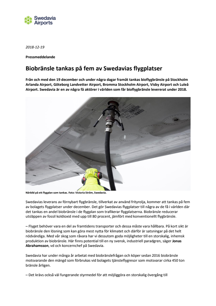 Biobränsle tankas på fem av Swedavias flygplatser