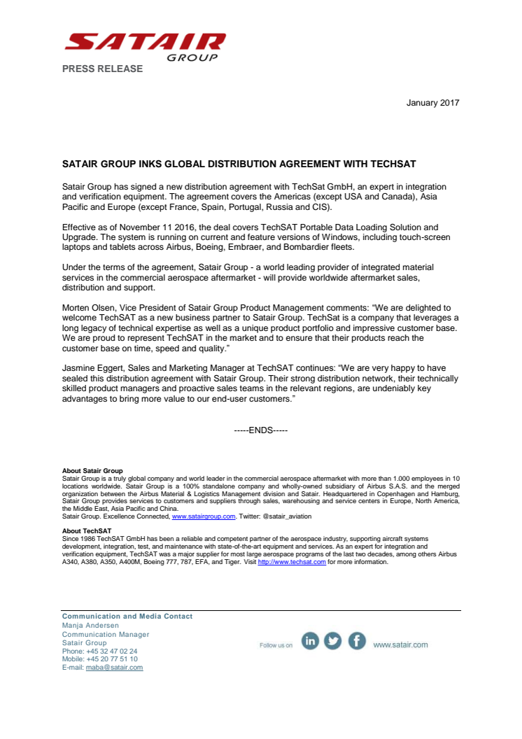 Satair Group inks global distribution agreement with TechSat