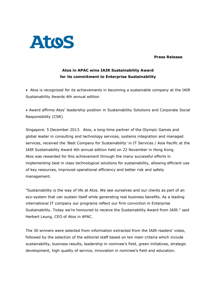 Atos in APAC wins IAIR Sustainability Award  for its commitment to Enterprise Sustainability 