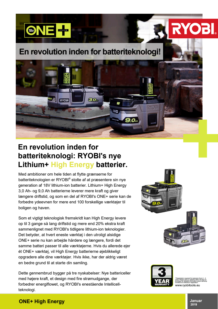 En revolution inden for  batteriteknologi: RYOBI's nye  Lithium+ High Energy batterier.