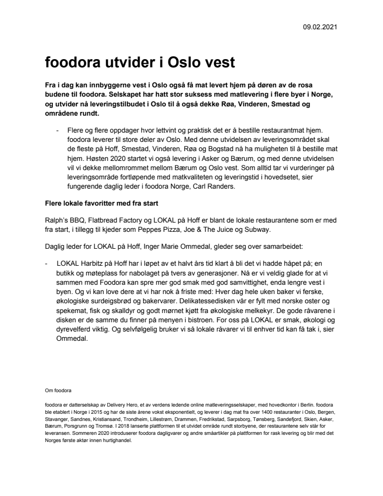 foodora utvider i Oslo vest