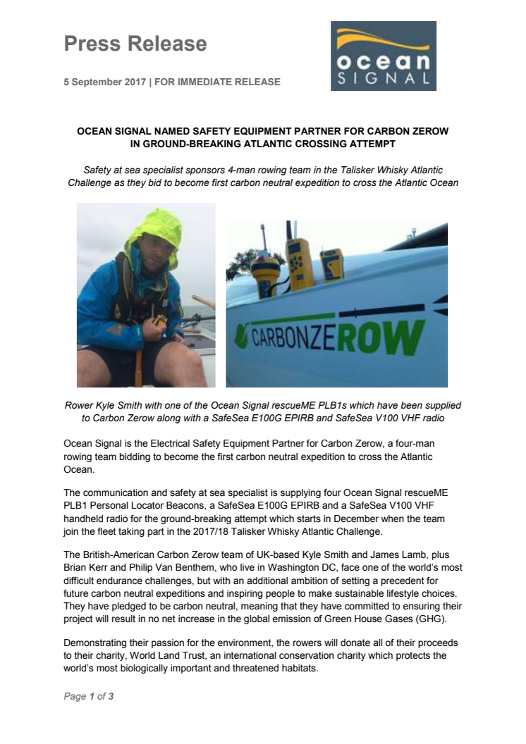 Ocean Signal Named Safety Equipment Partner for Carbon Zerow in Ground-Breaking Atlantic Crossing Attempt