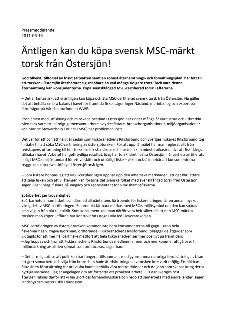 Äntligen kan du köpa svensk MSC-märkt torsk från Östersjön!