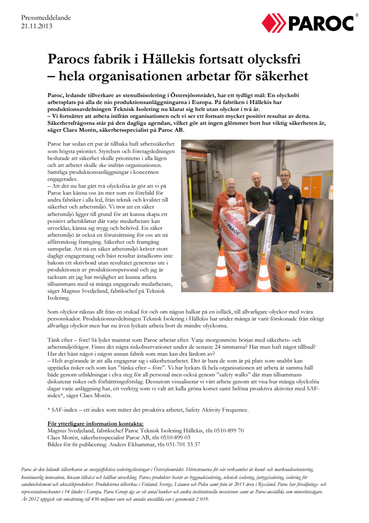 Parocs fabrik i Hällekis fortsatt olycksfri – hela organisationen arbetar för säkerhet 