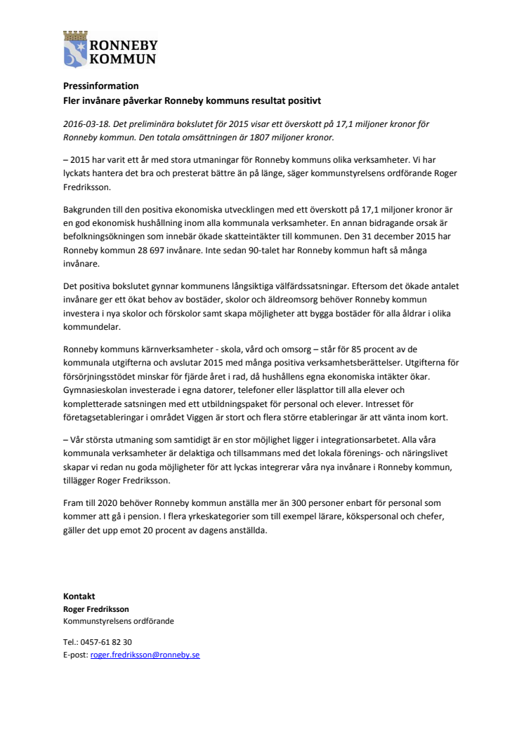 Fler invånare påverkar Ronneby kommuns resultat positivt