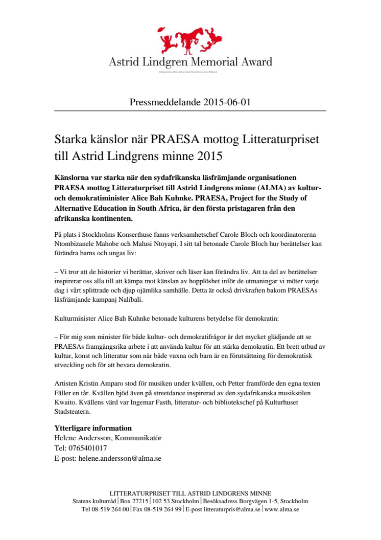 Starka känslor när PRAESA mottog Litteraturpriset till Astrid Lindgrens minne 2015