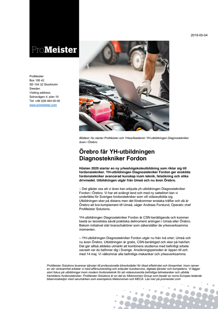 Örebro får YH-utbildningen Diagnostekniker Fordon