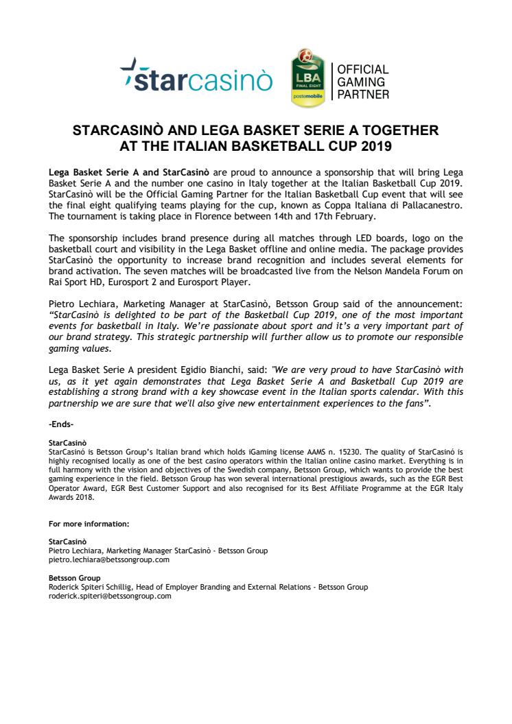 StarCasinò and Lega Basket Serie A together at the Italian Basketball Cup 2019