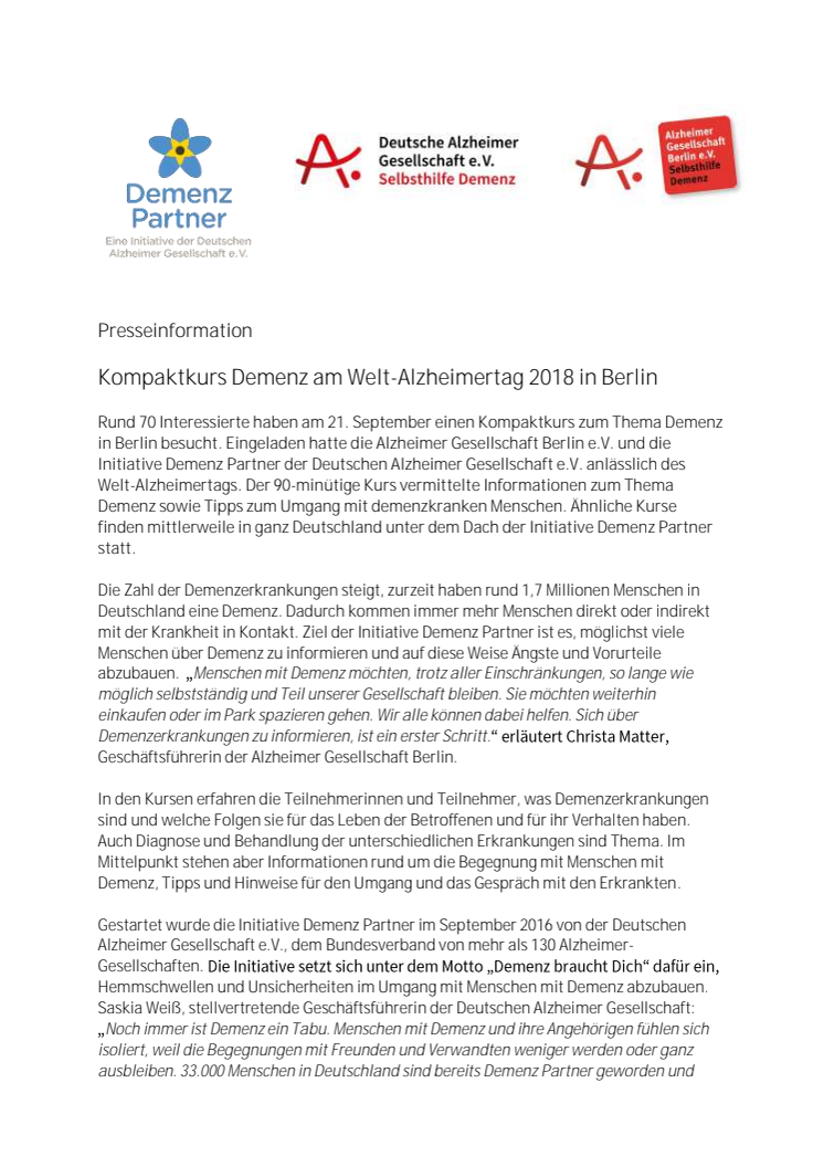 Kompaktkurs Demenz am Welt-Alzheimertag 2018 in Berlin