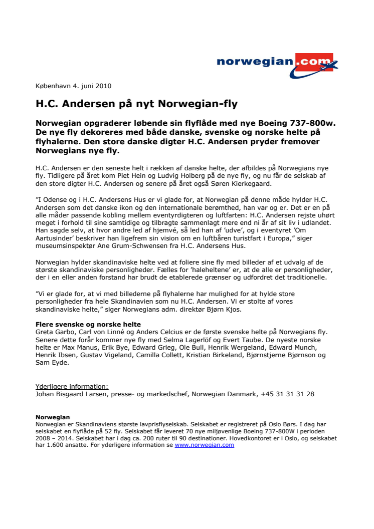 H.C. Andersen på nyt Norwegian-fly