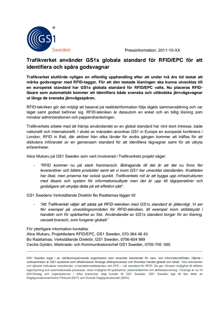 Trafikverket använder GS1s globala standard för RFID/EPC för att identifiera och spåra godsvagnar