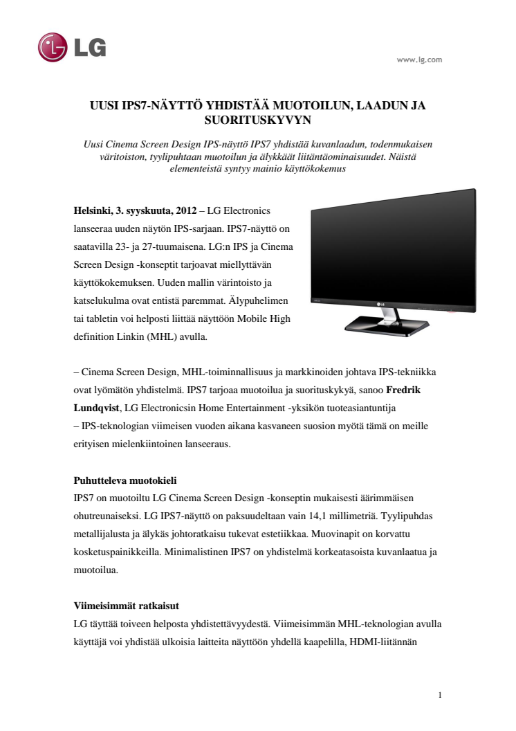 IFA 2012: Uusi IPS7-näyttö yhdistää muotoilun, laadun ja suorituskyvyn