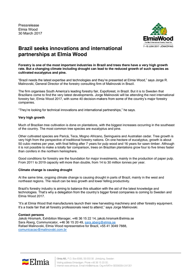Brazil seeks innovations and international  partnerships at Elmia Wood 