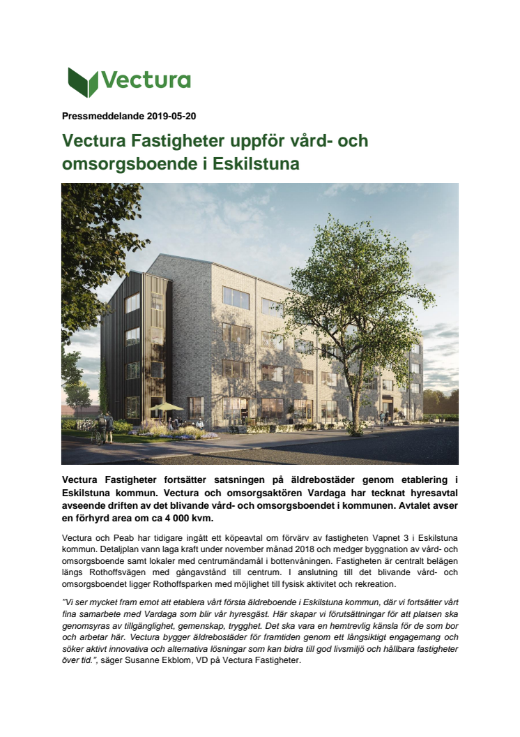 Vectura Fastigheter uppför vård- och omsorgsboende i Eskilstuna