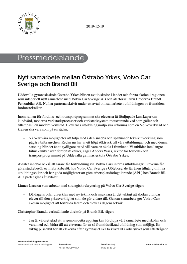 Nytt samarbete mellan Östrabo Yrkes, Volvo Car Sverige och Brandt Bil