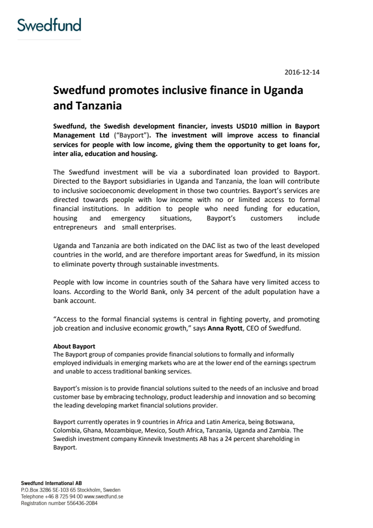 Swedfund promotes inclusive finance in Uganda and Tanzania