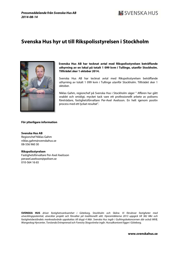 Svenska Hus hyr ut till Rikspolisstyrelsen i Stockholm
