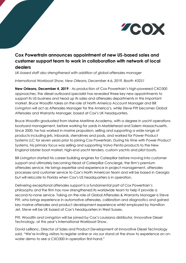 International Workboat Show: Cox Powertrain announces appointment of new US-based sales and customer support team to work in collaboration with network of local dealers