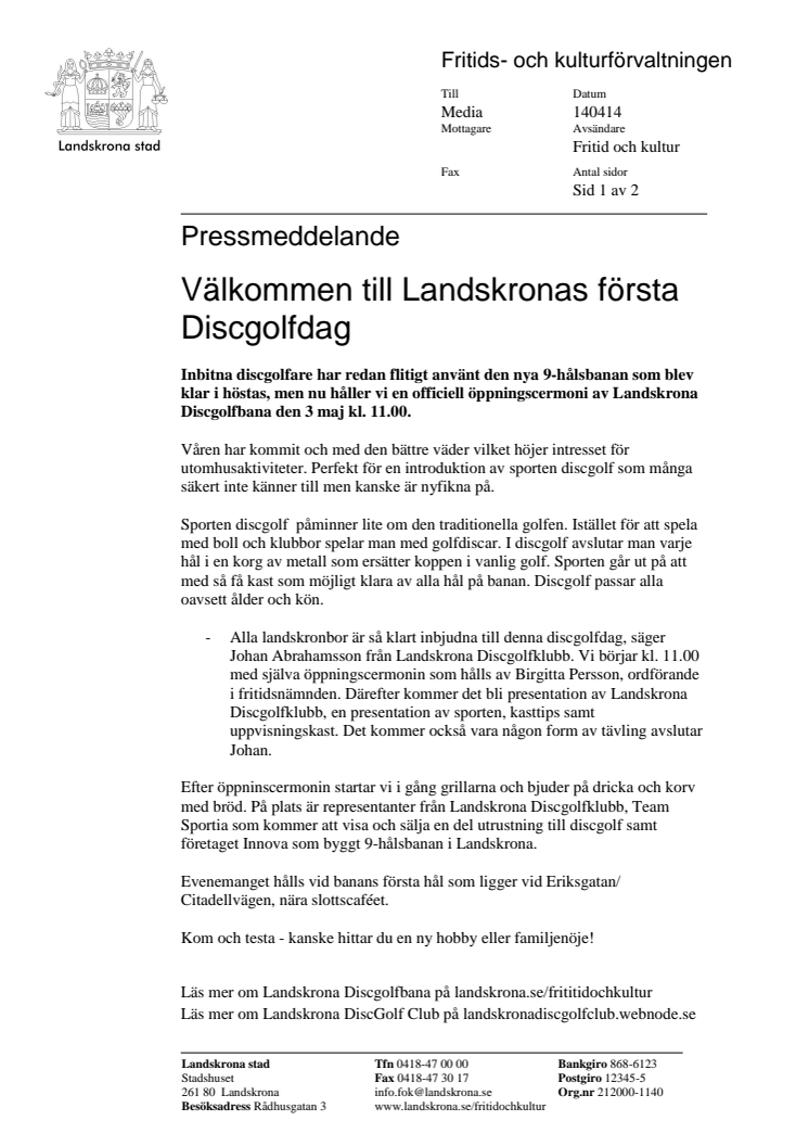 Välkommen till Landskronas första Discgolfdag 