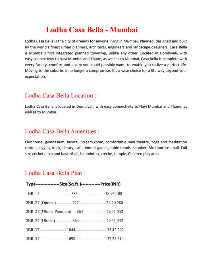 Lodha Casa Bella Gold 9999998663, Lodha Casa Bella Gold, Lodha Casa Bella Gold