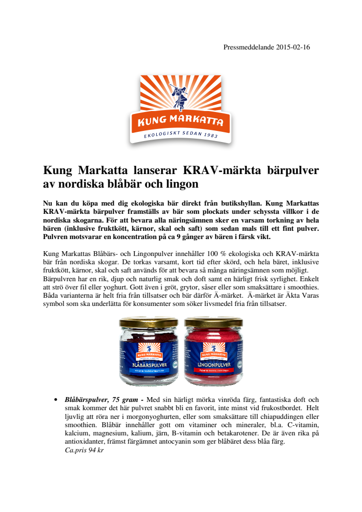 Kung Markatta lanserar KRAV-märkta bärpulver av nordiska blåbär och lingon