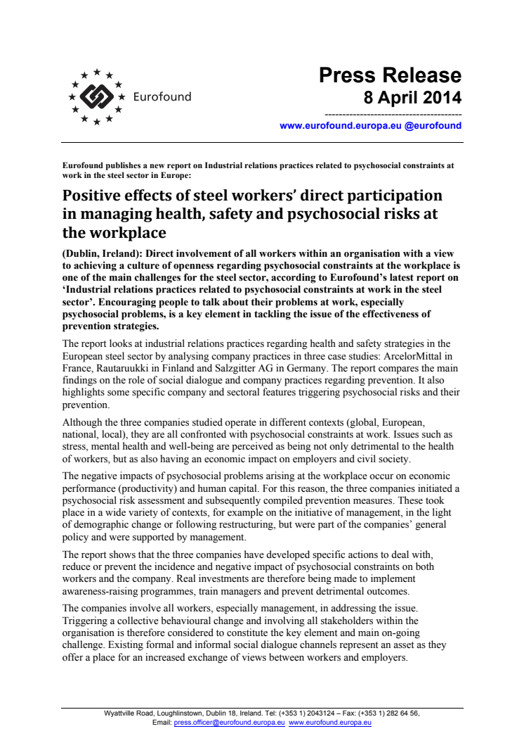 Positive effects of steel workers’ direct participation in managing health, safety and psychosocial risks at the workplace