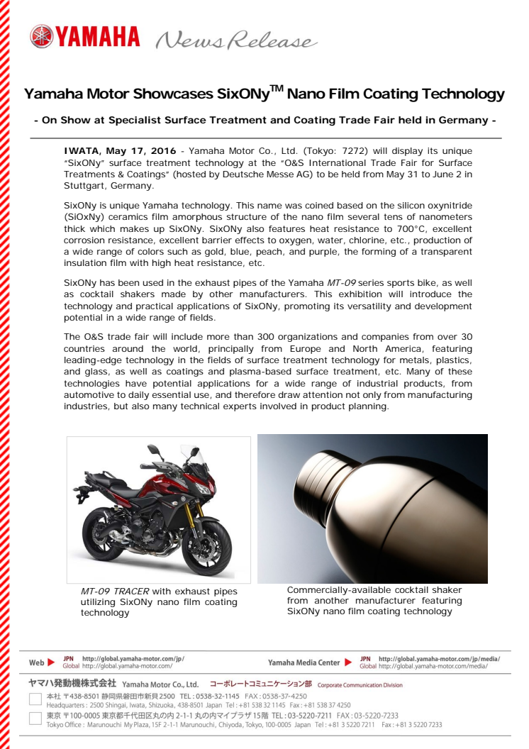 Yamaha Motor Showcases SixONy(TM) Nano Film Coating Technology - On Show at Specialist Surface Treatment and Coating Trade Fair held in Germany -