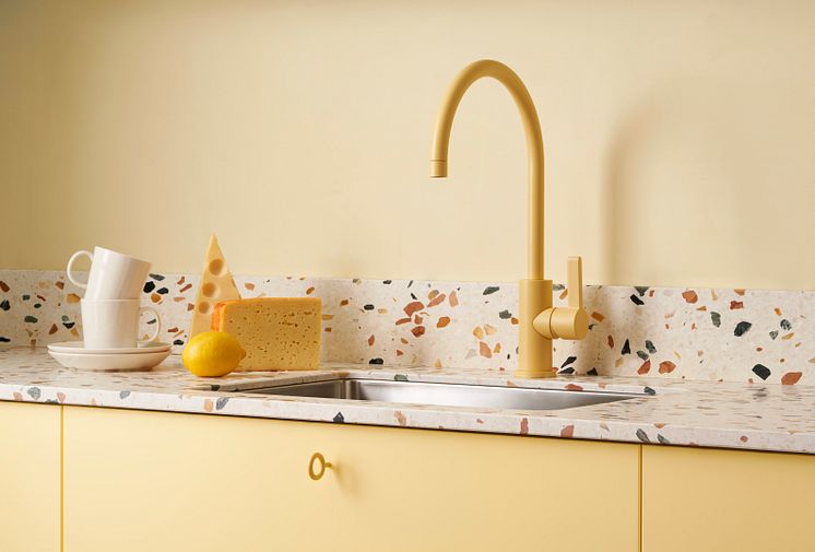 Marbodal x Toniton_Yellow_Kitchen_Tap_Handle_Creme_Terrazzo