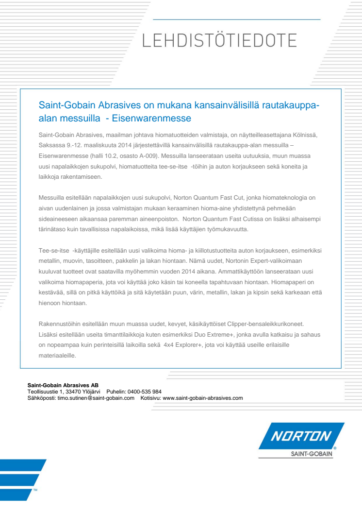 Saint-Gobain Abrasives on mukana kansainvälisillä rautakauppa-alan messuilla  - Eisenwarenmesse