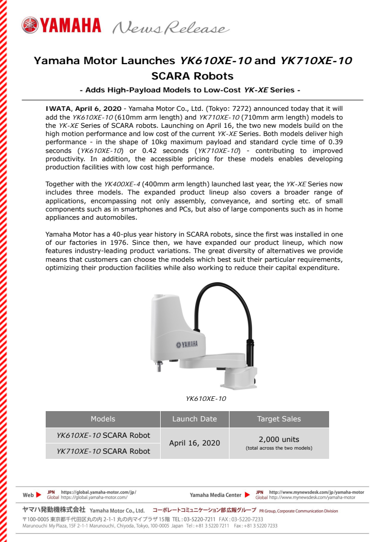 Yamaha Motor Launches YK610XE-10 and YK710XE-10 SCARA Robots    - Adds High-Payload Models to Low-Cost YK-XE Series -