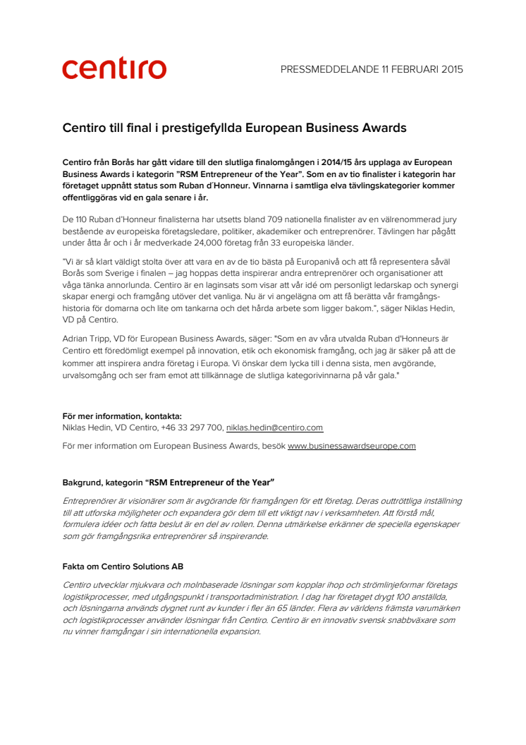 Centiro till final i prestigefyllda European Business Awards