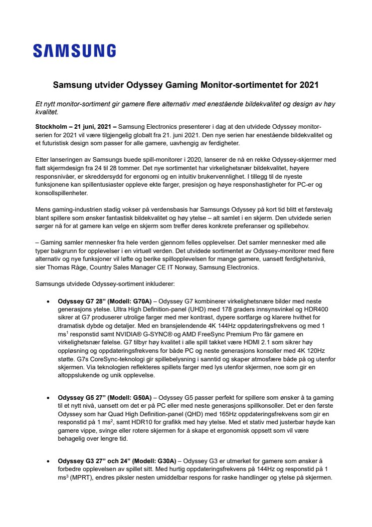 Samsung utvider Odyssey Gaming Monitor-sortimentet for 2021