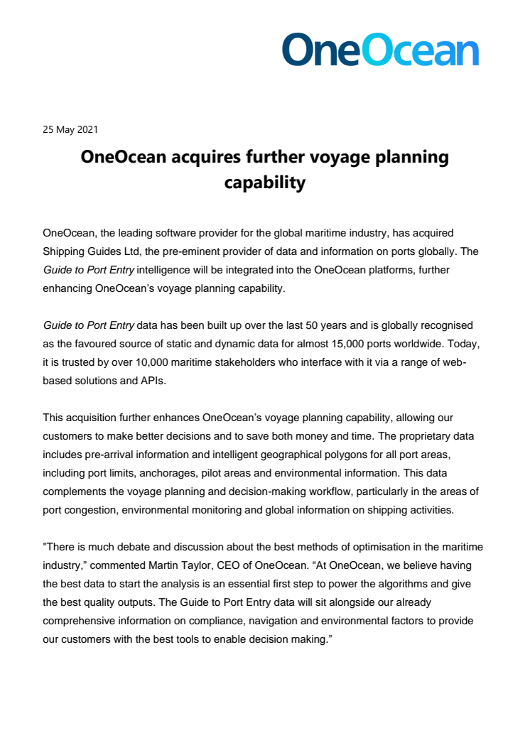 OneOcean acquires further voyage planning capability 