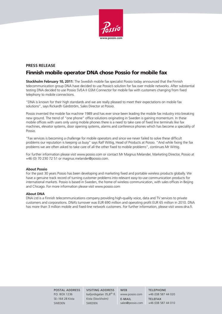 Finnish mobile operator DNA chose Possio for mobile fax