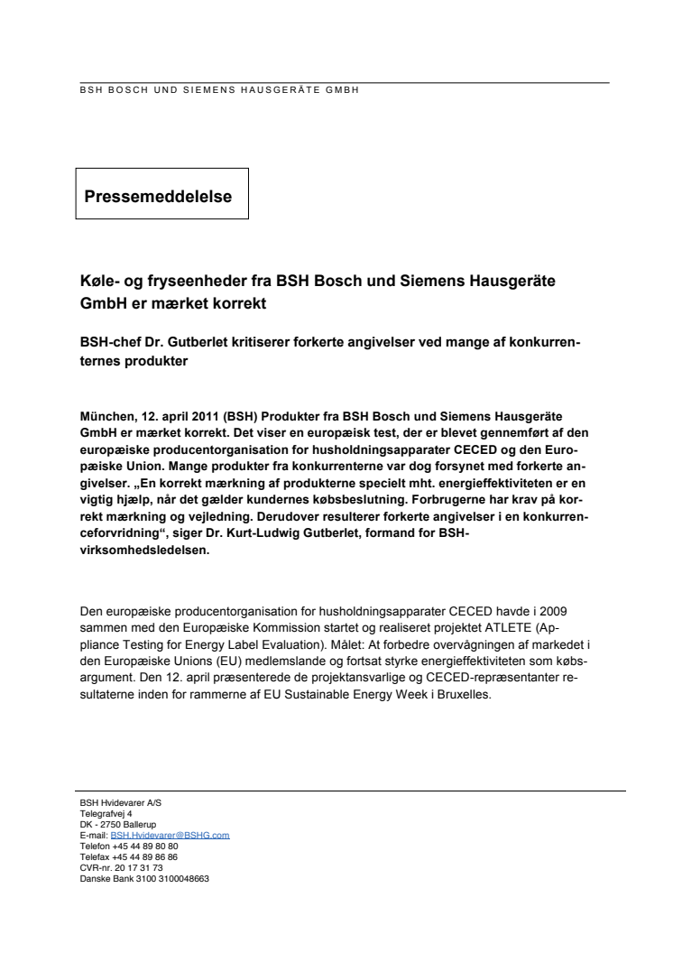 Køle- og fryseenheder fra BSH Bosch und Siemens Hausgeräte GmbH er mærket korrekt
