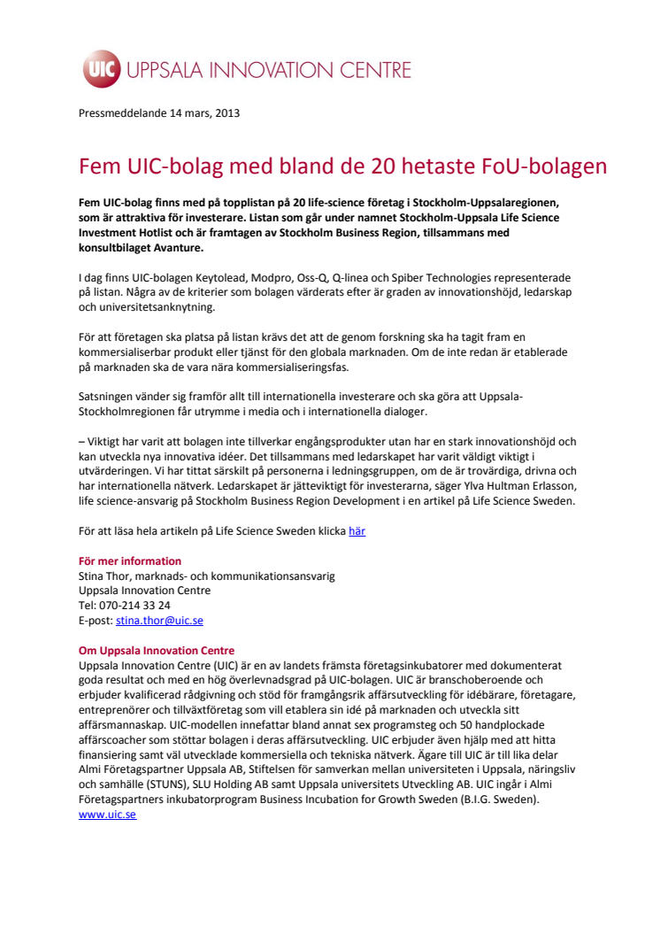 Fem UIC-bolag med bland de 20 hetaste FoU-bolagen