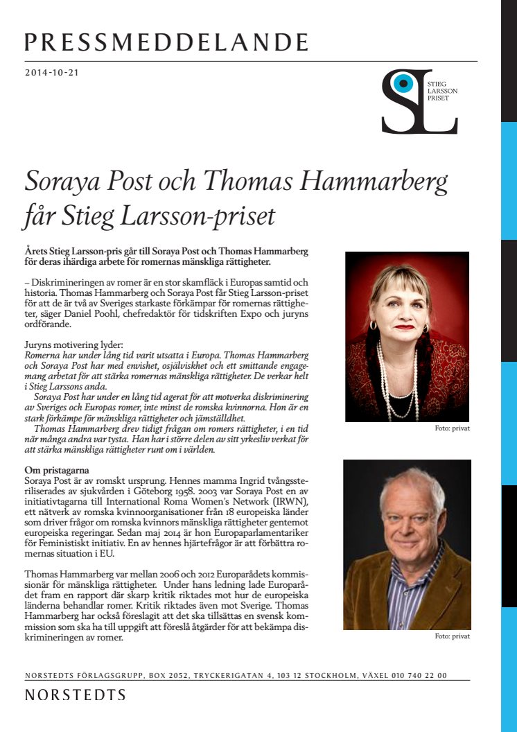Soraya Post och Thomas Hammarberg får Stieg Larsson-priset
