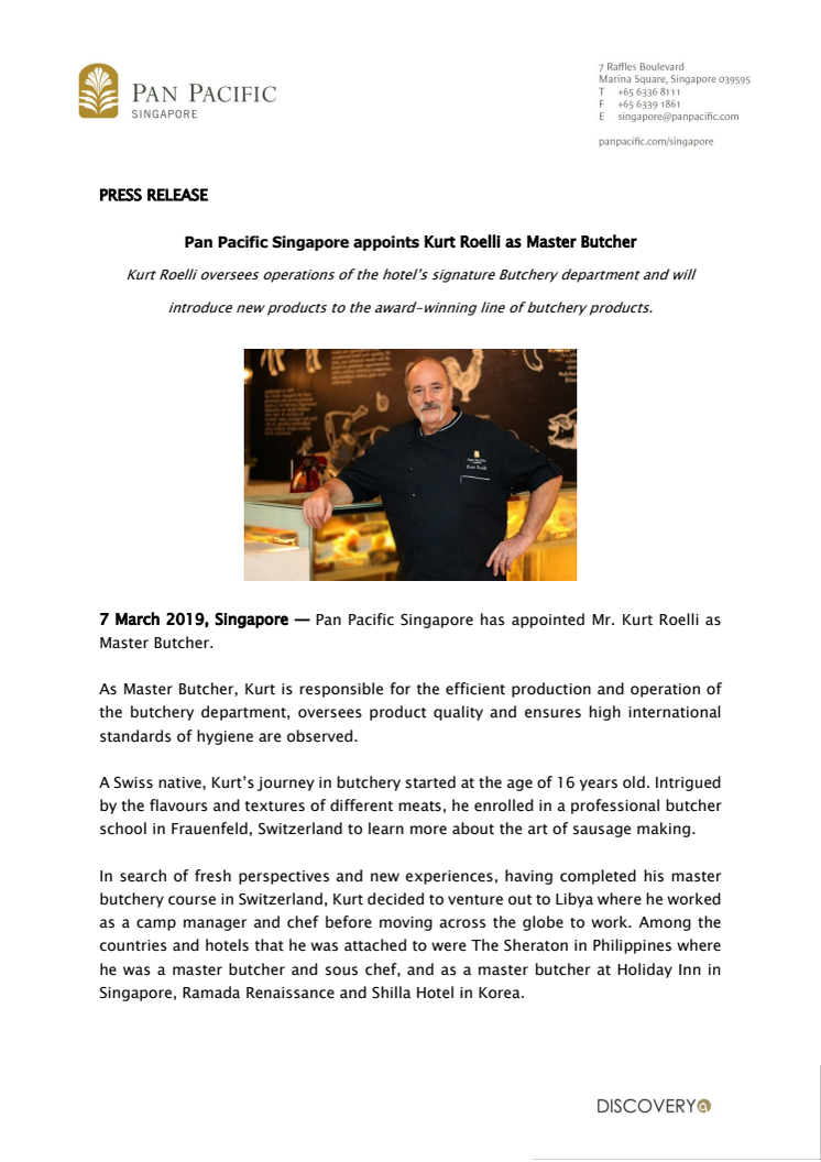 Pan Pacific Singapore appoints Kurt Roelli as Master Butcher