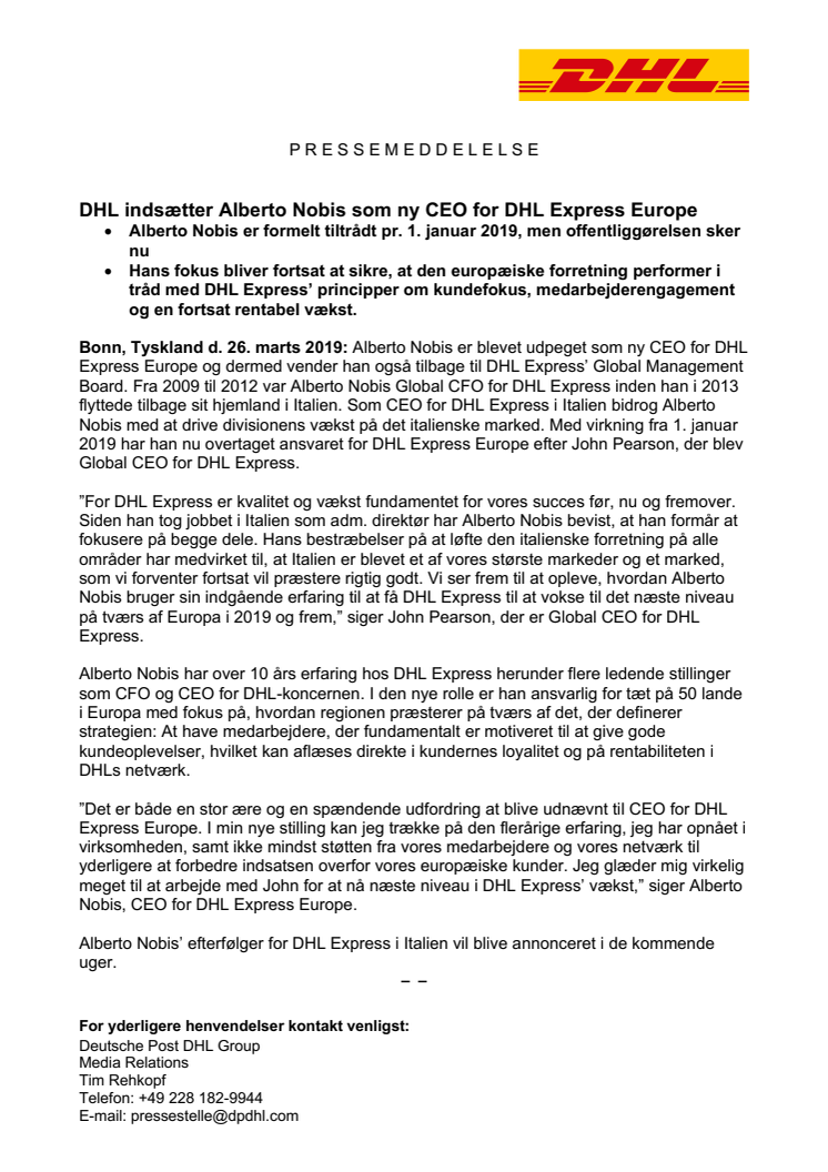 DHL indsætter Alberto Nobis som ny CEO for DHL Express Europe