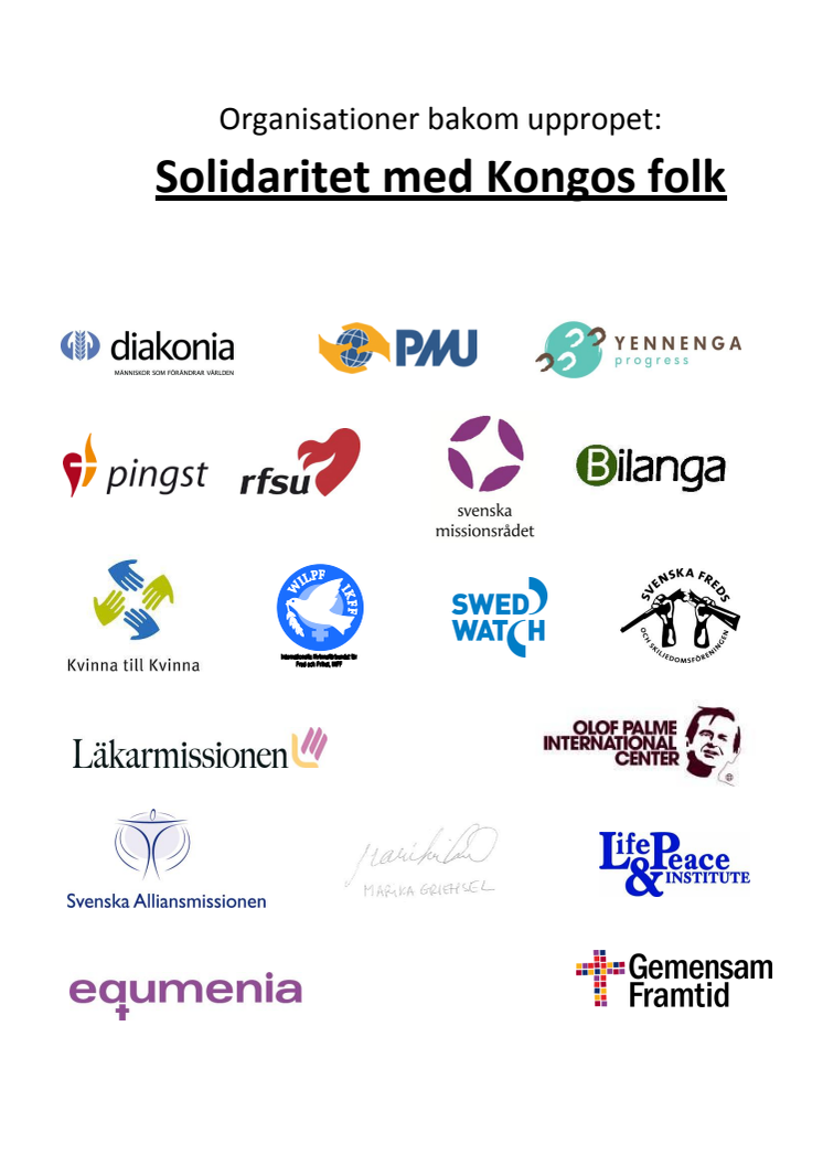 Organisationer bakom "SOLIDARITET MED KONGOS FOLK"