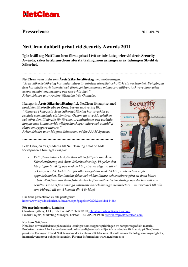 NetClean dubbelt prisat vid Security Awards 2011