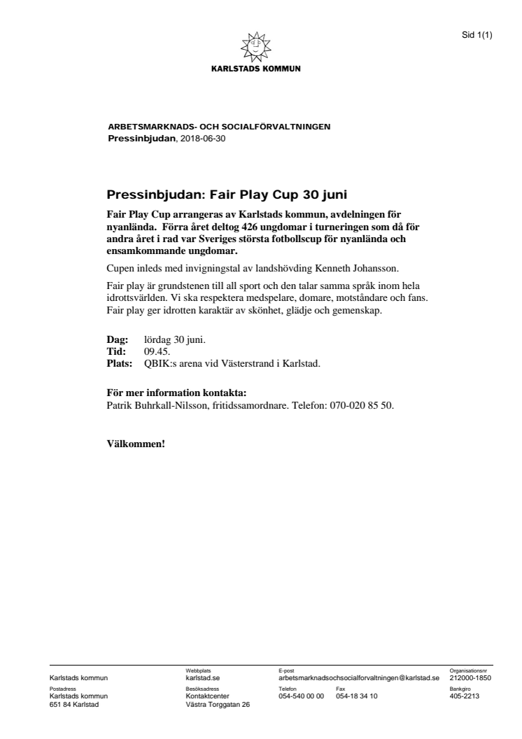 Pressinbjudan: Fair Play Cup 30 juni