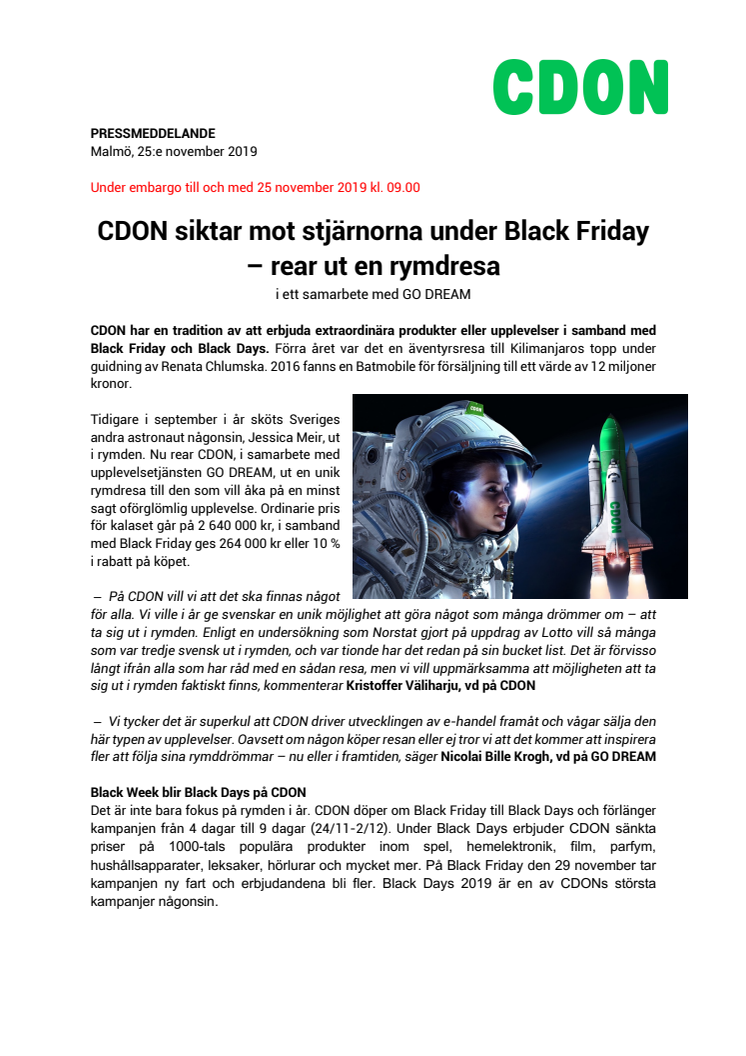 CDON siktar mot stjärnorna under Black Friday – rear ut en rymdresa