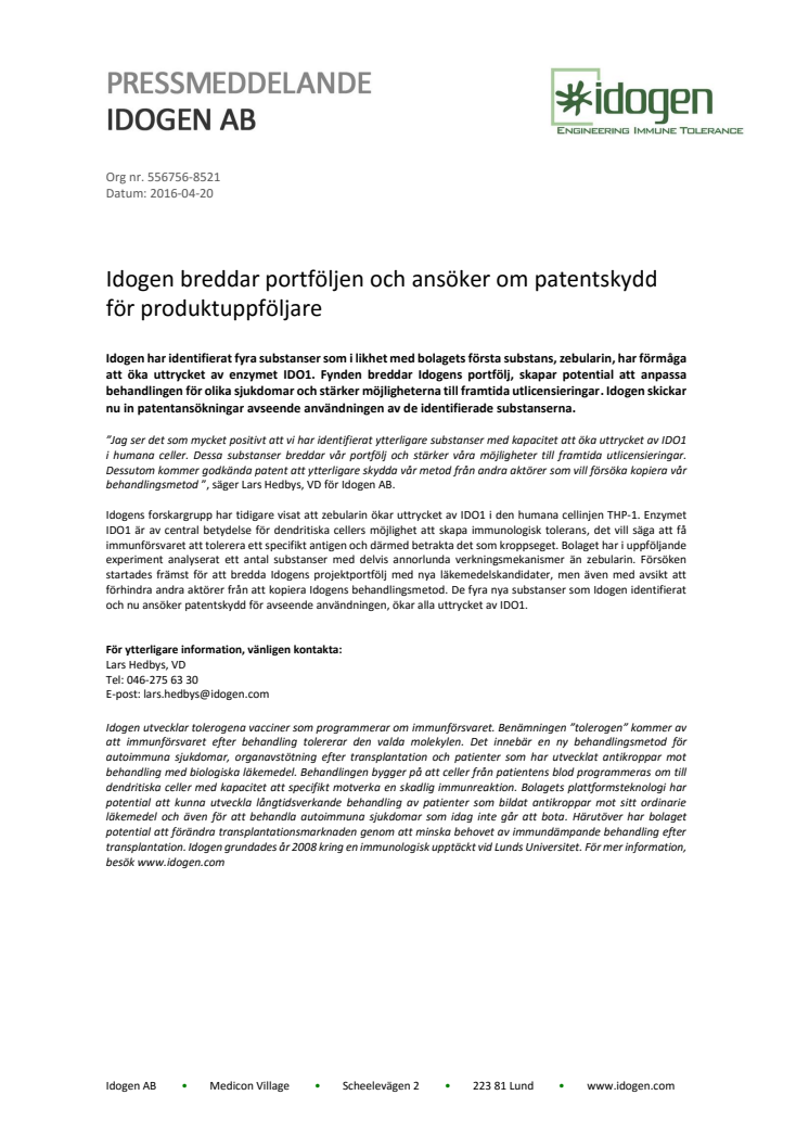 Idogen breddar portföljen och ansöker om patentskydd för produktuppföljare 