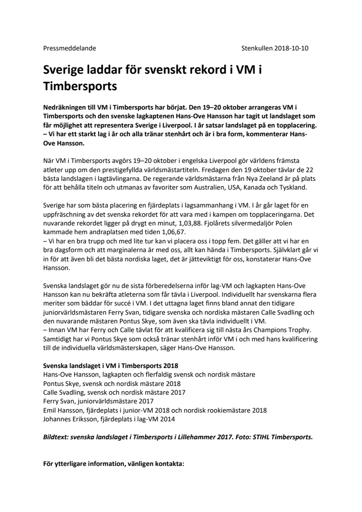 Sverige laddar för svenskt rekord i VM i Timbersports