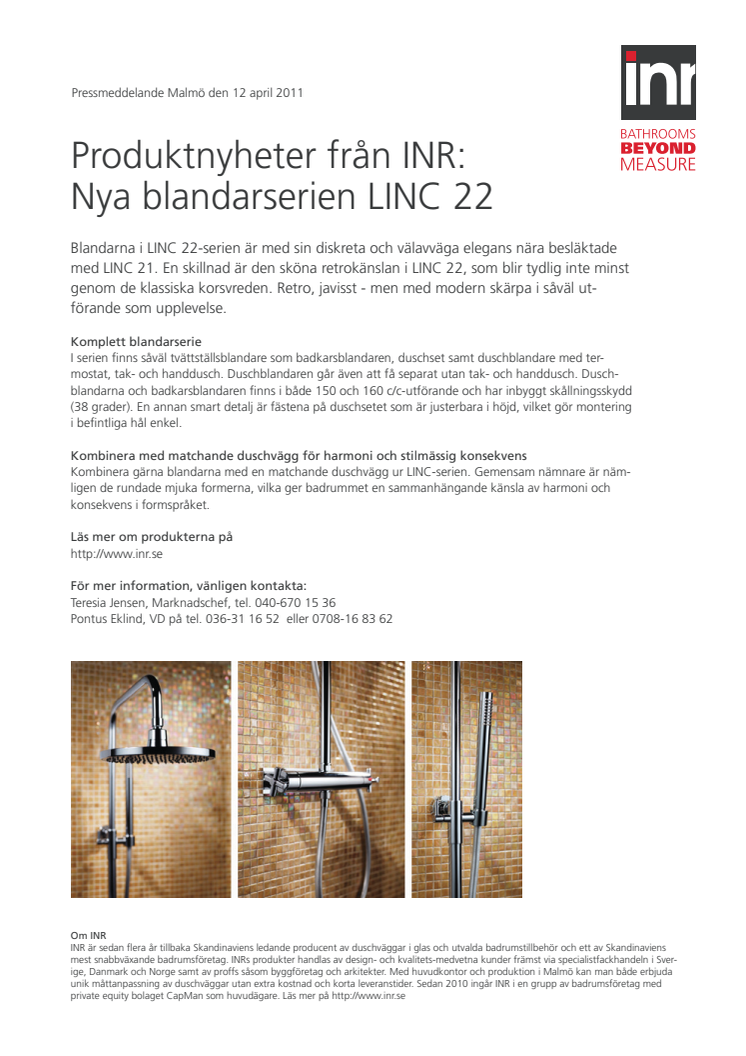 Produktnyhet från INR: Nya blandarserien LINC 22