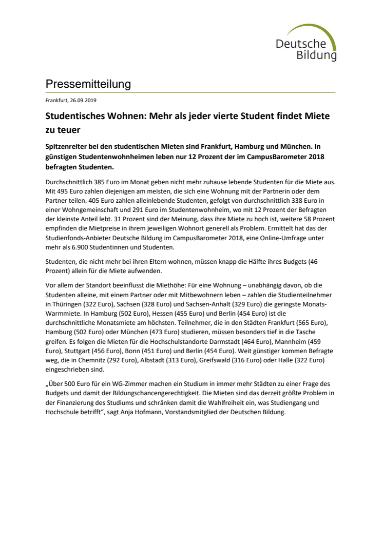 ​Studentisches Wohnen: Mehr als jeder vierte Student findet Miete zu teuer