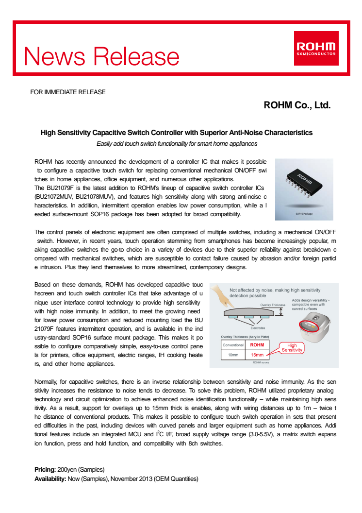 High Sensitivity Capacitive Switch Controller with Superior Anti-Noise Characteristics: Easily add touch switch functionality for smart home appliances