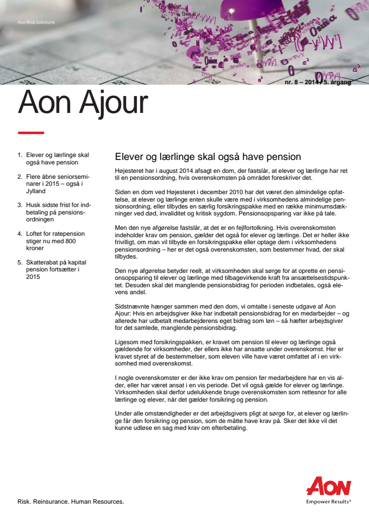 Aon Ajour 8-2014: Elever og lærlinge skal også have pension