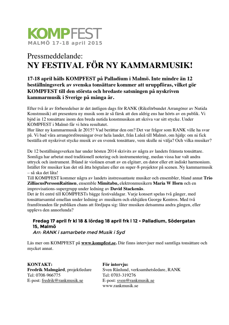 KOMPFEST PÅ PALLADIUM 17-18 APRIL 12 URUPPFÖRANDEN, 12 TONSÄTTARE, 12 ENSEMBLER